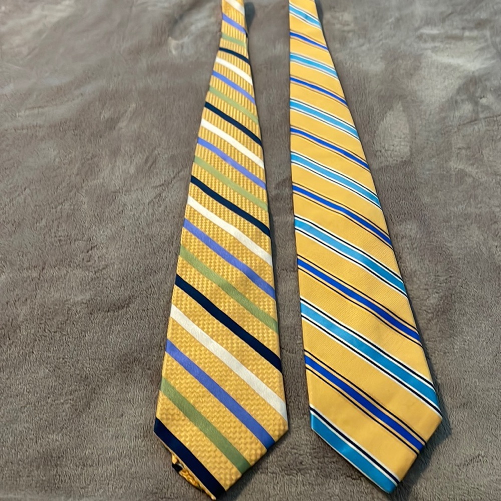 2 Paul Fredrick neckties, yellow with colored stripes